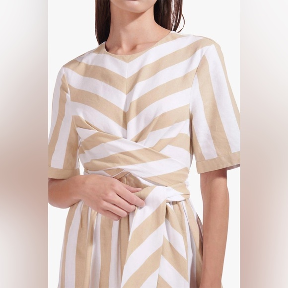 STAUD Hazelnut Stripe York Mini Dress With Pockets & Wrap Detail. Size XS. - Picture 9 of 16